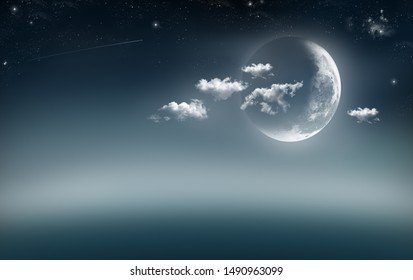 An Illustration Of A Cresent Moon On The Right With A Couple Of Clouds With Stars And A Shooting Star Against A Night Blue Background.