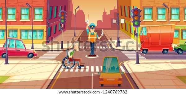 \
illustration of crossing guard adjusting transport moving, city\
crossroads with pedestrian, disabled\
person.