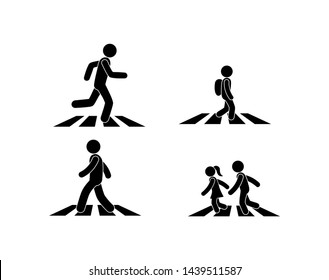 Illustration Of A Crosswalk, The Pedestrian Is On The Zebra, Stick Figure Man Icon, Children Run Across The Road, Set Of Isolated Icons