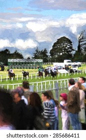 Illustration Of Crowd Of People Watching A Horse Race.