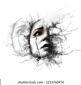 Illustration Of Crying Woman. Girl Portrait. Sad Female  Face.Hand Drawn  Sketch. Digital Painting. - Illustration