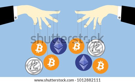 Illustration of cryptocurrency ponzi scheme. Crypto currency manipulation concept. Hand hold strings for manipulating bitcoins, ethereum and litecoin market share and price.
