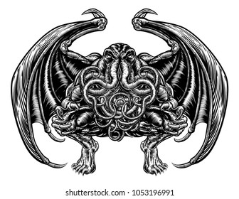 Illustration Of Cthulhu Mythos Style Monster In A Vintage Woodcut Style