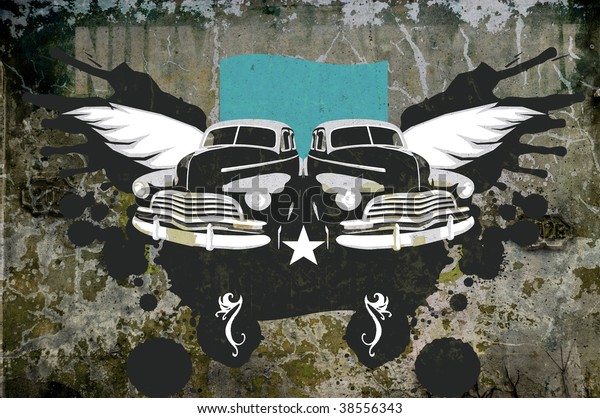 Illustration of cuban classic vintage car over\
grunge abstract\
background