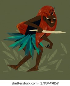 Illustration Of Curupira, The Protector Of The Forest. Brazilian Folklore, Guarani Myth.