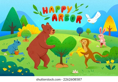 Illustration of cute animals planting and watering trees in nature environment. Suitable for Arbor day and Earth day. - Powered by Shutterstock