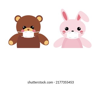 Illustration cute bear   rabbit like stuffed animal and mask