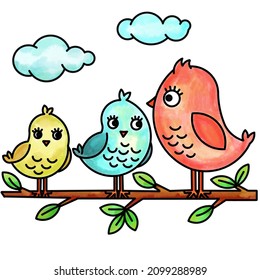 Illustration Of A Cute Bird Family In Water Color Style, Mother Bird With Two Baby