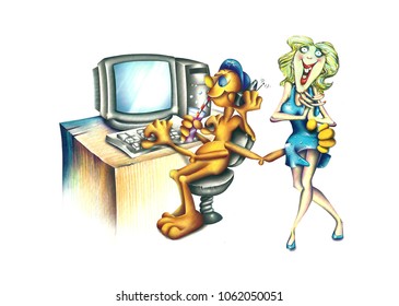 Illustration of a cute cartoon character  drinking, working, talking on the phone and holding a lady, on a white background.
