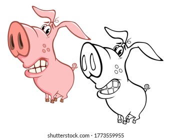 Illustration of a Cute Cartoon Character Pig for you Design and Computer Game. Coloring Book Outline Set