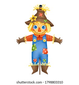 Illustration Of Cute Cartoon Farm Boy Scarecrow In Blue Denim Overalls Isolated On White Background.