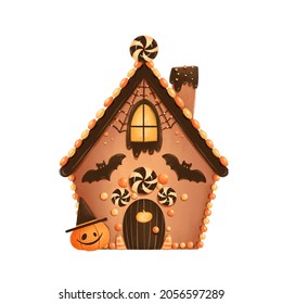 Illustration Of Cute Cartoon Halloween Gingerbread House. Haunted House. House Of Witches.