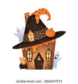 Illustration Of Cute Cartoon Halloween Gingerbread House. Haunted House. House Of Witches.