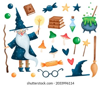 Illustration Of Cute Cartoon Halloween Wizard Set Isolated On White Background