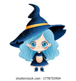 Illustration Of Cute Cartoon Little Witch With Blue Hair Isolated On White Background