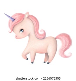 Illustration Of A Cute Cartoon Unicorn. Pony Isolated On White Background.