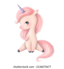Illustration Of A Cute Cartoon Unicorn. Pony Isolated On White Background.