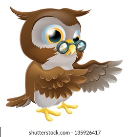 An illustration of a cute cartoon wise owl character pointing or showing something with both his wings