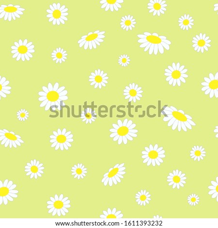 Illustration of cute chamomile seamless pattern. Little spring flowers daisy on the light green background. Chartreuse floral texture. Doodle art for simple design and decor. Meadow camomile ornament