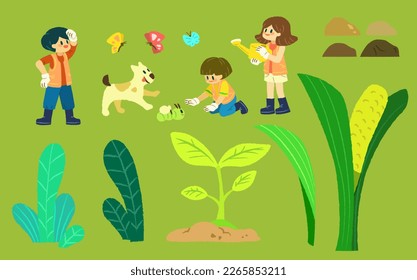 Illustration of cute children, animals, insects, plants and rocks isolated on apple green background. Suitable for Arbor day and Earth day. - Powered by Shutterstock