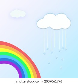 An illustration of a cute cloud with rain and a rainbow.