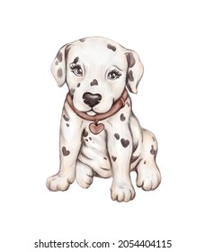 illustration of cute dalmatian puppy with collar and heart pendant white background