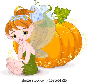 Illustration cute fairy sitting pumpkin