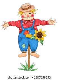 Illustration With A Cute Garden Scarecrow. A Straw Scarecrow In A Red Shirt And Blue Overalls With A Sunflower In His Pocket. The Image Is Drawn By Hand