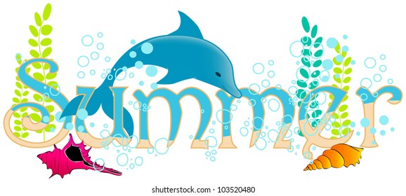 Illustration of cute, hand drawn style summer underwater text with dolphin - Powered by Shutterstock