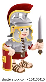 Illustration Of A Cute Happy Roman Soldier Holding A Sword And A Shield