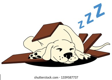 Illustration Of A Cute Happy Sleeping Puppy On The Remains Of A Broken Doghouse