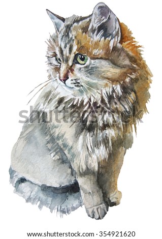 Illustration with a cute little cat. Watercolor. Hand drawn.
