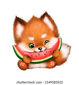 Illustration with a cute little fox cub, a red furry animal, big eyes, fox cub with a watermelon