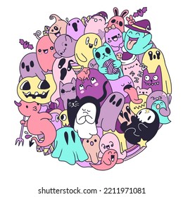 Illustration  cute little ghost in circle  hand drawn 