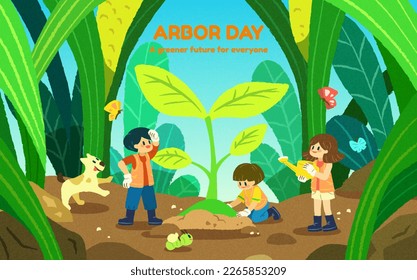 Illustration of cute miniature children planting seedling in nature environment with butterfly and puppy alongside. Suitable for Arbor day and Earth day. - Powered by Shutterstock