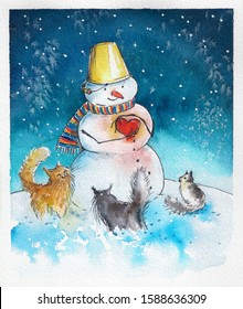Illustration cute snowman who holding heart   three cats close to him  Picture created and watercolors paper 