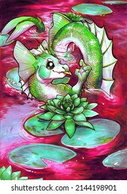 Illustration cute water dragon swimming in pond around lilies