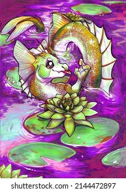Illustration cute water dragon swimming in pond around lilies