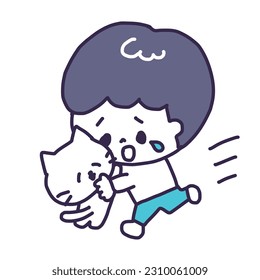 Illustration of a cute white cat and a boy hugging each other (whole body) - Powered by Shutterstock