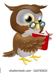 An illustration of a cute wise cartoon owl character wearing glasses and reading a book