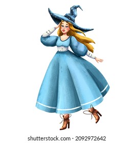 Illustration Of Cute Witch. Blue Dress And Big Hat. Fairy Tale Girl. Beautiful Lady. Young Woman Character. Fantasy Fable. Cartoon Stile Of Art. Princess Portrait. Long Hair. Medieval Young Witch.