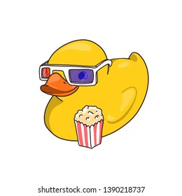 Illustration Of Cute Yellow Rubber Duck With Popcorn And 3D Glasses