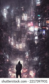 Illustration. Cyberpunk City Landscape At Night Landscape With Neon Lights Billboards In The Rain. Figure Of A Man In The Dark Facing The Chaos Of Dystopia.
