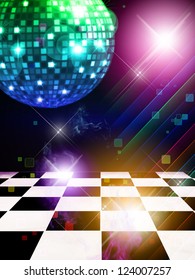 Illustration Of Dance Floor With Disco Mirror Ball And Stars Background.