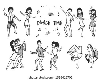 Illustration Of Dancing People Men And Women Set. Disco, Club Dancing, Classic Tango Couple, Swing, Blues, Breakdance. Vintage Hand Drawn Style.