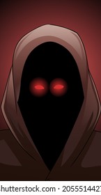 Illustration Of Dark Character With Glowing Red Bright Eyes On A Red Background