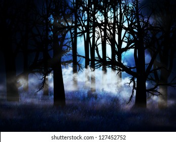 Illustration Of Dark Forest In A Blue Mist At Night Background.