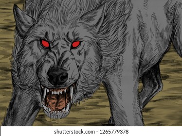 Illustration Of A Dark Grey Wolf With Red Eyes Snarling