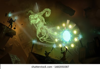Illustration of dark silhouette characters summoning a dragon from a mysterious science fiction portal - digital fantasy painting