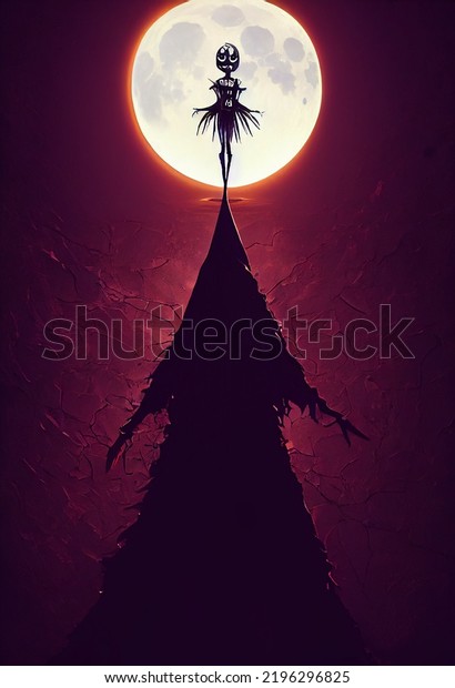 Illustration of a dark silhouette\
of a spooky character projected on the moon creating a long shadow\
having a dark purple background. Halloween illustration\
graphic.